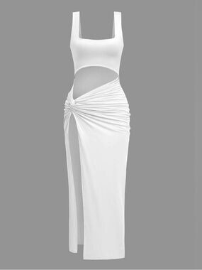Micas Elegant Cutout Sleeveless Square Neck Maxi Dress w Side Knot, White, Sz S
